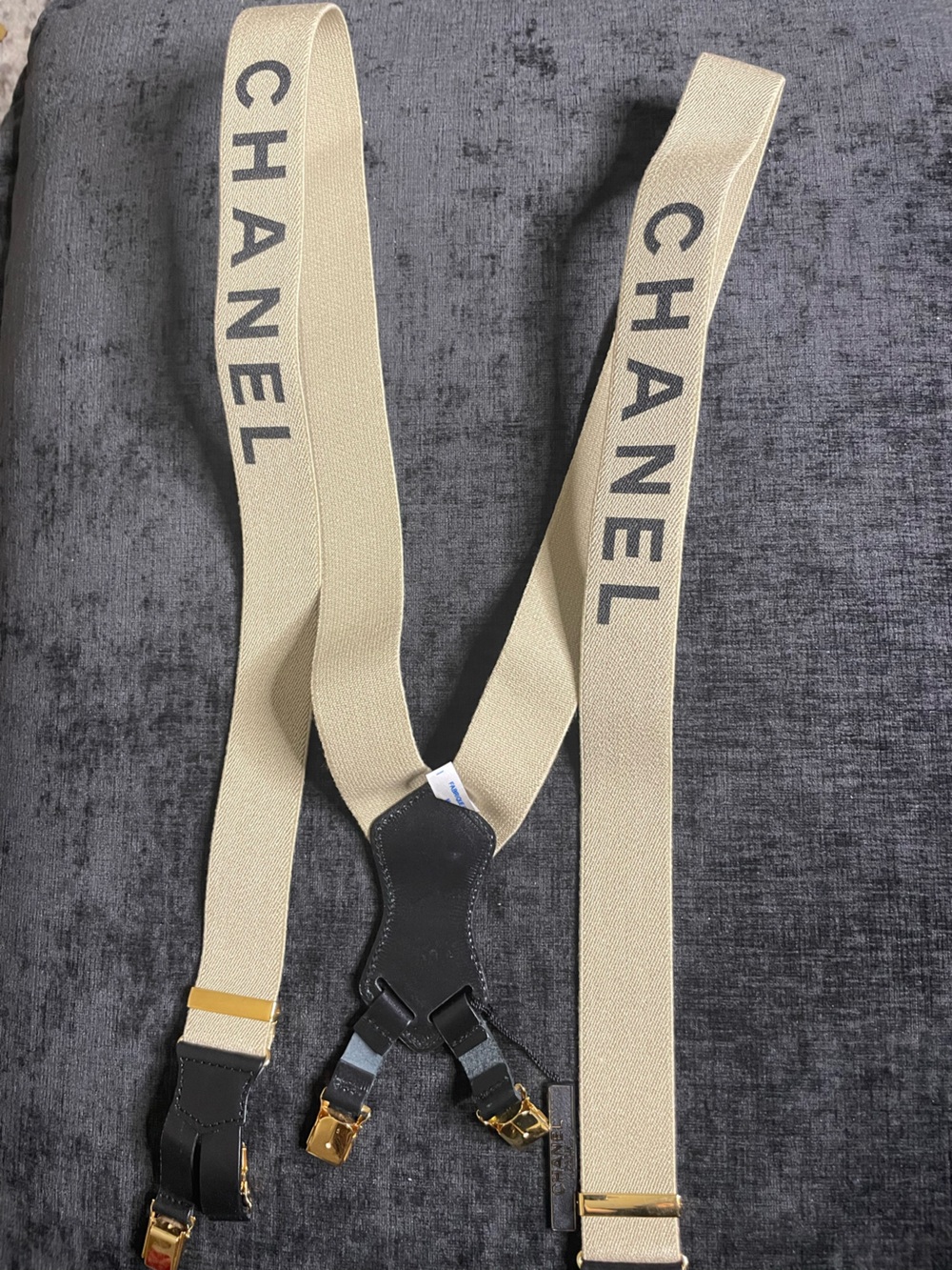 CHANEL Beige Logo Webbing Suspenders with Black Leather Connector